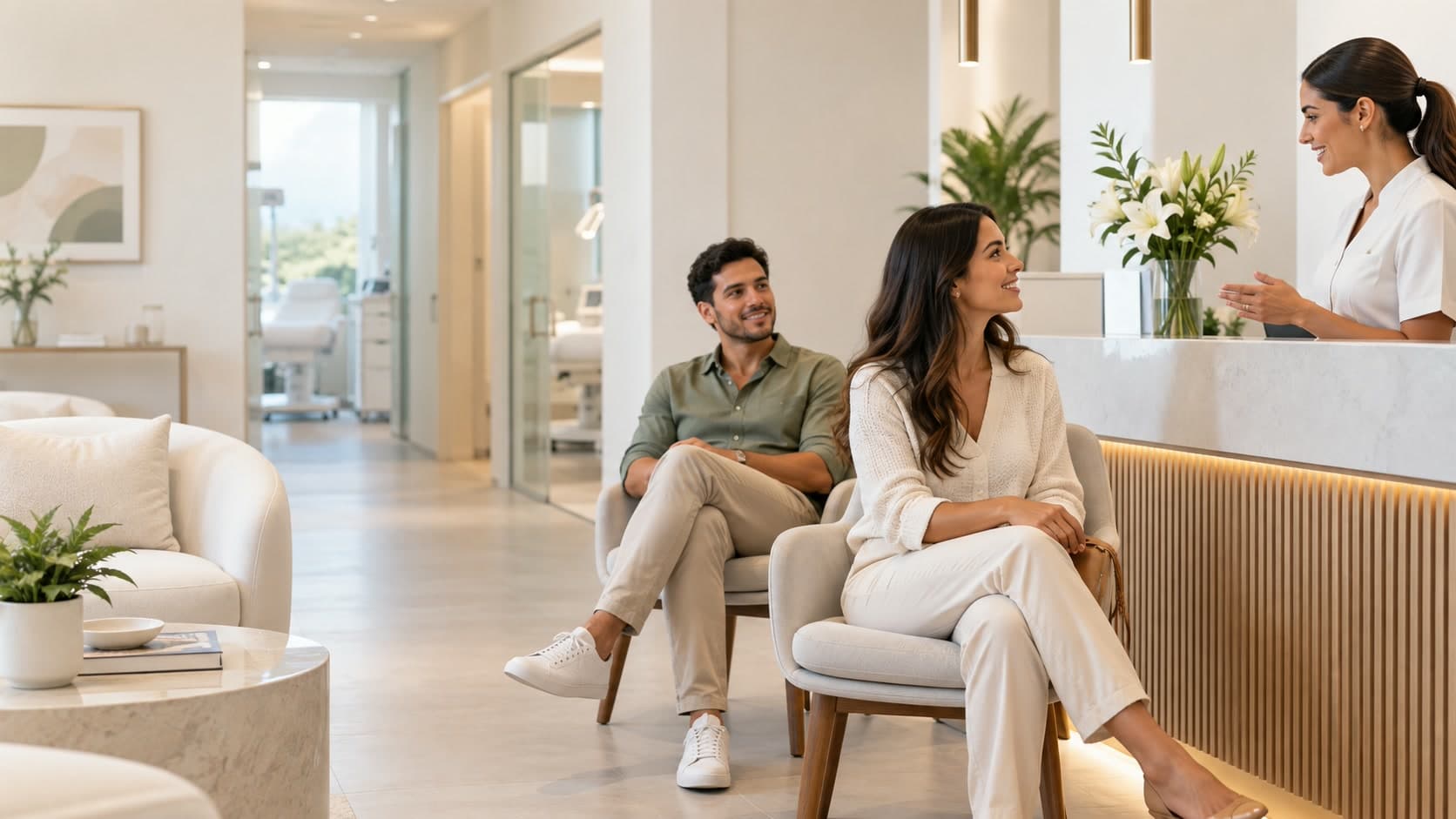 Clientes conversan con la recepción en la sala de espera de una clínica estética.