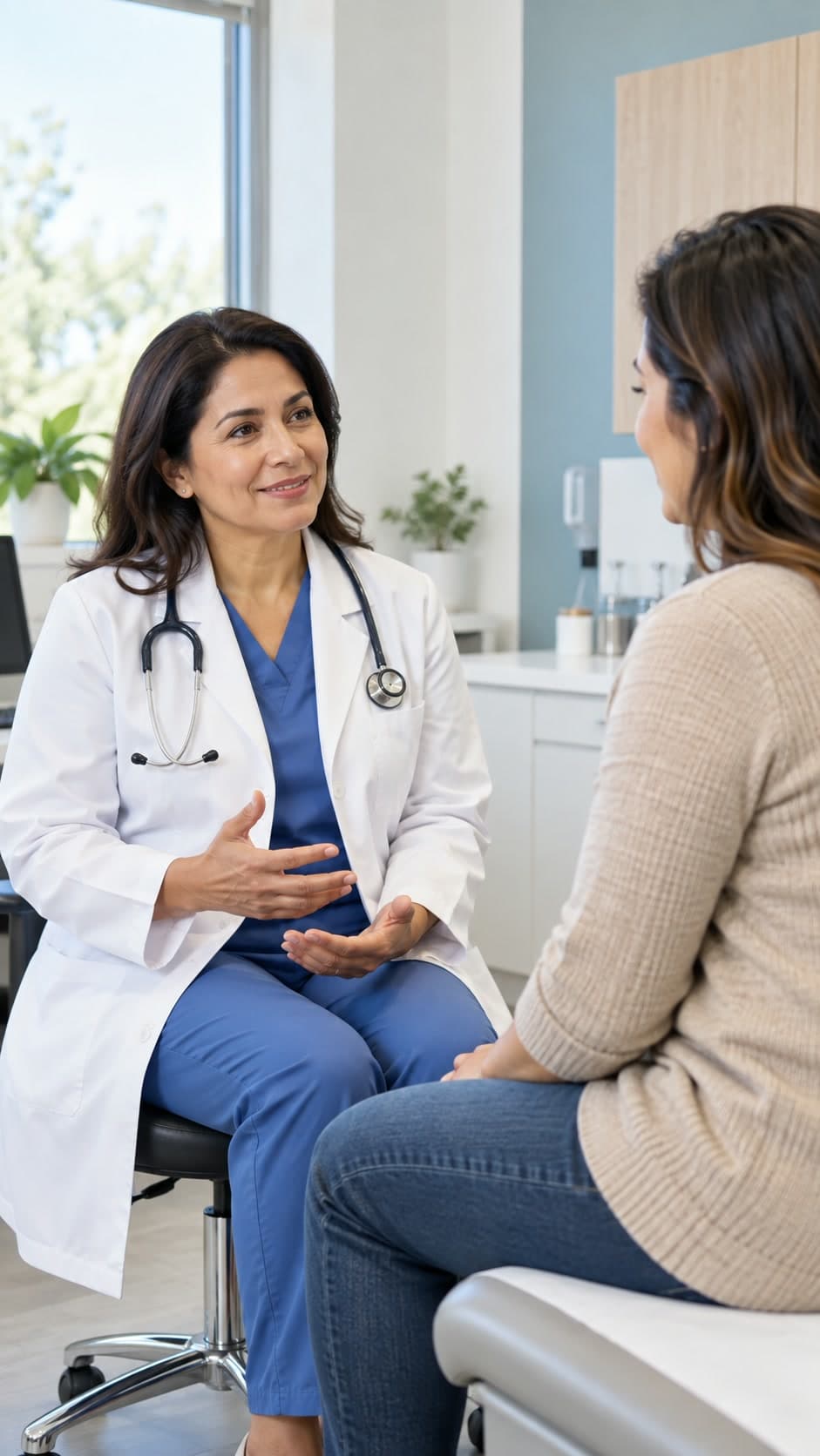 Médica conversa con una paciente en un consultorio luminoso
