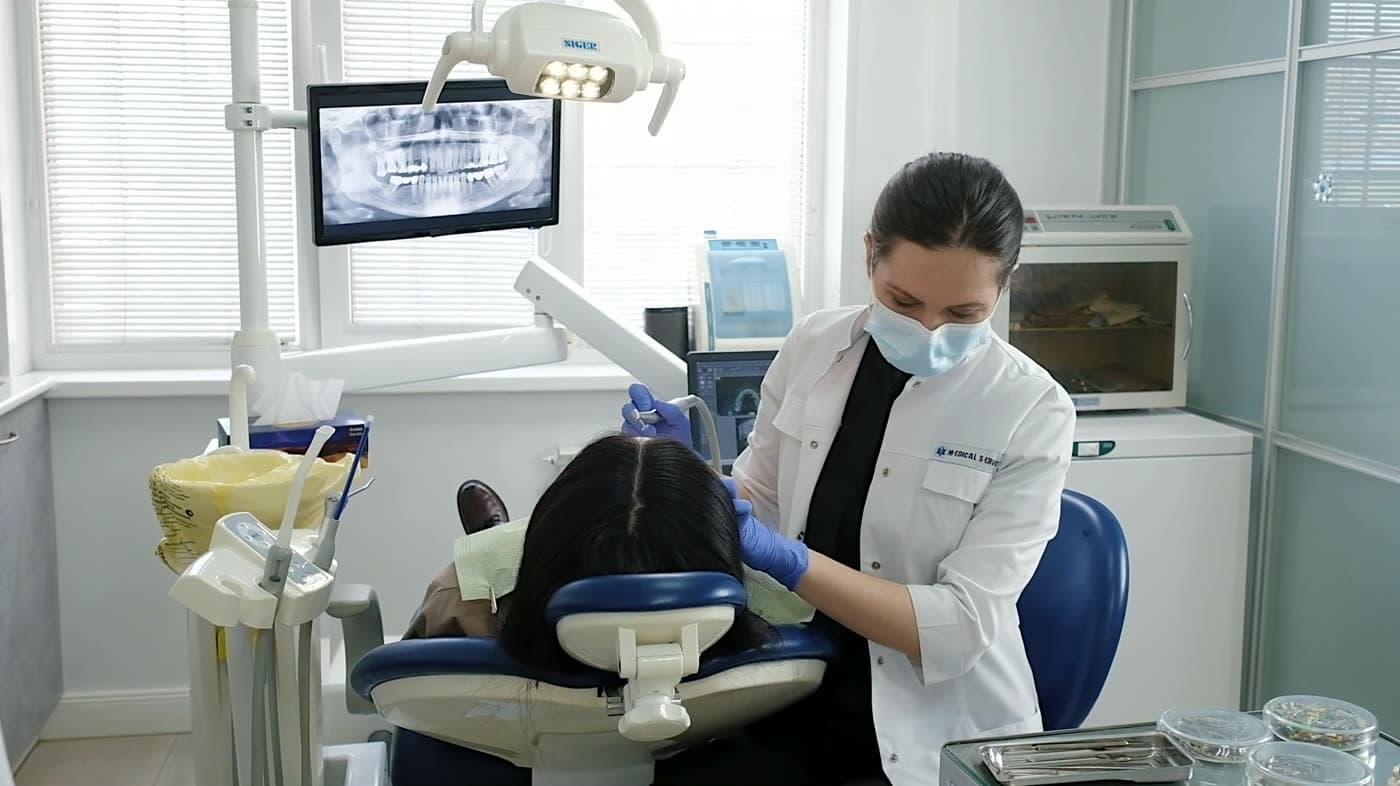 Odontóloga atendiendo a una paciente en su consultorio